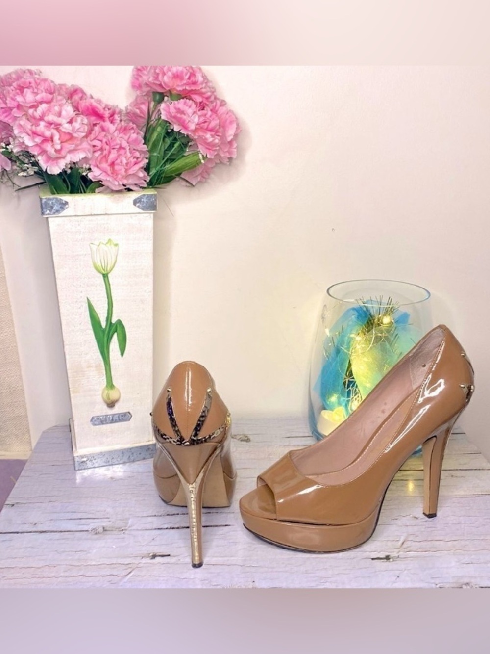 🌷VINCE Camuto🌷 Tan Patent Open Toe Stiletto Heel Pumps